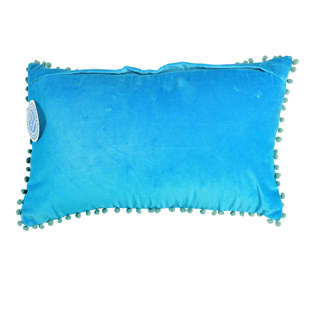 Velvet pom pom cushion Blue Rex London