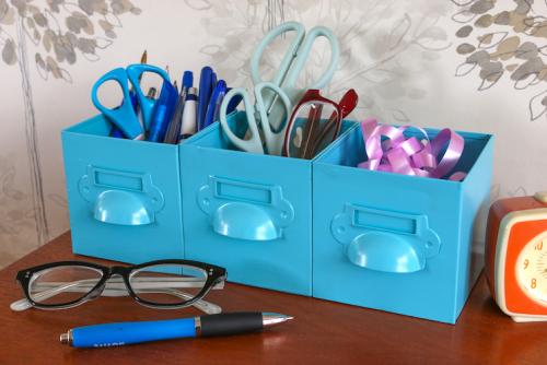 vintage blue metal storage drawer