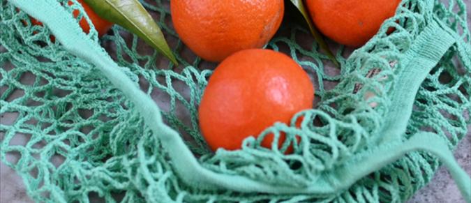 Oranges in a mint green net bag