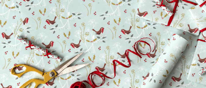 Christmas wrapping paper with scissors