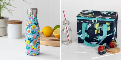 Butterfly Garden water bottle and a space rocket lunch bag