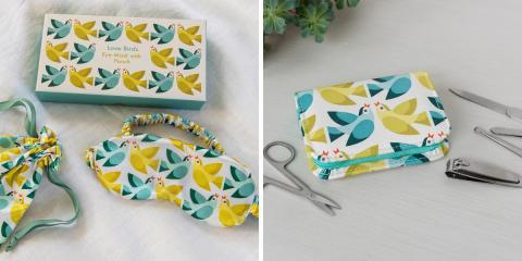 Love Birds eye mask and pouch, and a Love Birds manicure set