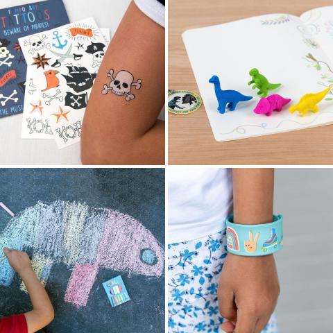 Pirate temporary tattoos, dinosaur erasers, pack of chalks and a blue snap band