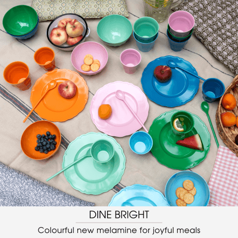 A blanket is covered with colourful plastic plates, bowls, spoons and beakers