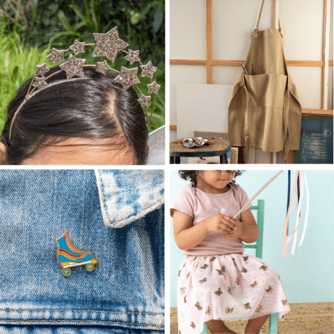 headband, apron, pin badge and children's skirt