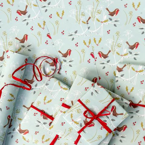 wrapping paper with robins