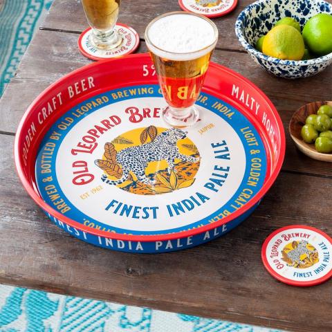 round serving tray with beer