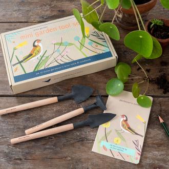 Mini garden tool set comprising shovel rake trowel notebook unpacked next to box and plants