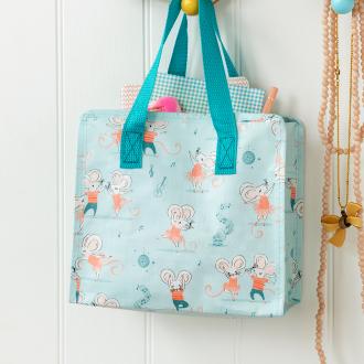 Pale aqua Charlotte bag with print of dancing mouse characters Mimi and Milo