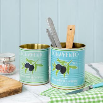 Bonavento metal storage tin, one containing utensils