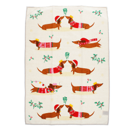 festive sausage dog cotton tea towel