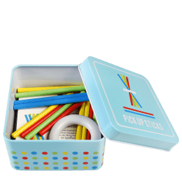 Wooden pick up sticks in a tin