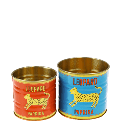 Mini metal storage tins in red and blue with Leopard paprika branding