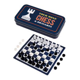 Travel chess and draughts game in a tin