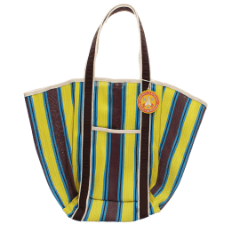 Recycled woven tote bag with canvas handles - Brown, yellow, teal