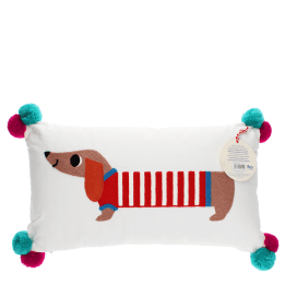 Embroidered cushion with pom poms - Sausage dog