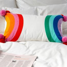 Embroidered cushion with pom poms - Rainbow