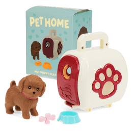 pet carrier with brown dog and a product box in the background