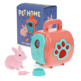 pet carrier with pink rabbit and packaging box in the background
