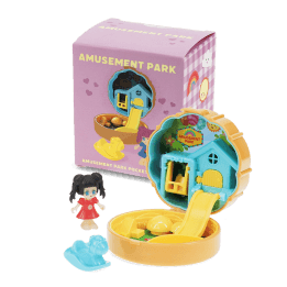 Amusement park play set in a yellow and blue with packaging box in the background