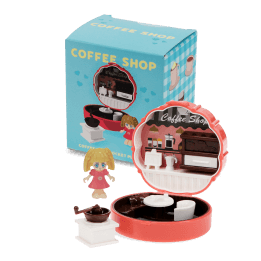 miniature coffee shop playset with packaging box in the background