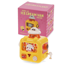 yellow wind up ice cream van with pink packaging box in background