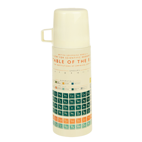 Small cream stainless steel flask with cream plastic cup featuring print of periodic table of elements