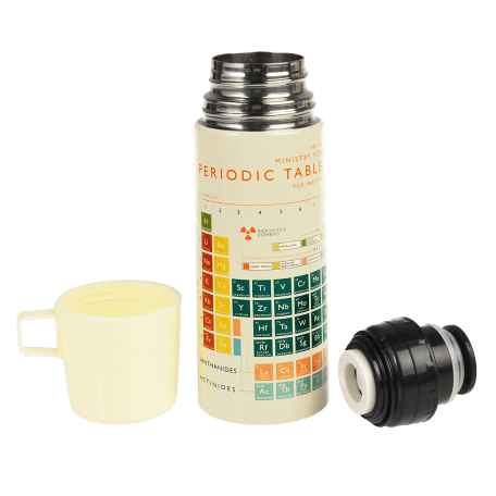 Periodic table flask with cup removed and lid unscrewed