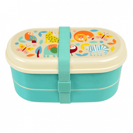 Turquoise kids bento box with cream lid and middle tray plus turquoise elastic strap featuring colourful illustrations of wild animals