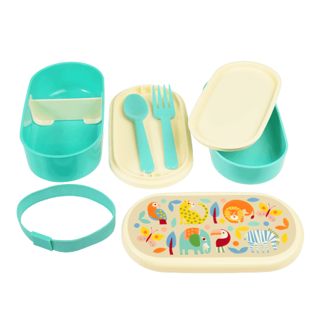 Bento box parts: base section with divider, tray with fork and spoon, middle tray, upper section, elastic strap and lid