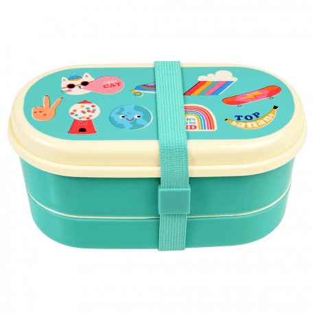 Turquoise kids bento box with cream lid and middle tray plus turquoise elastic strap featuring retro style top banana print