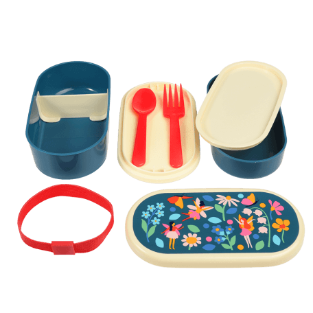 Bento box parts: base section with divider, tray with fork and spoon, middle tray, upper section, elastic strap and lid