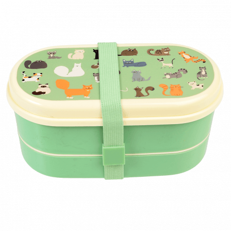 Light green kids bento box with cream lid and middle tray plus light green elastic strap featuring illustrations of cats