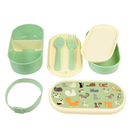 Bento box parts: base section with divider, tray with fork and spoon, middle tray, upper section, elastic strap and lid