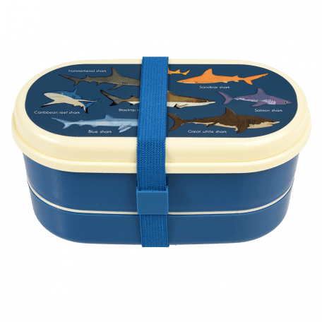 Dark blue kids bento box with cream lid and middle tray plus dark blue elastic strap featuring images of sharks