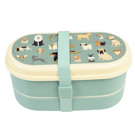 Blue-green kids bento box with cream lid and middle tray plus blue-green elastic strap featuring illustrations of dogs