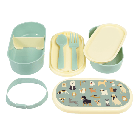 Bento box parts: base section with divider, tray with fork and spoon, middle tray, upper section, elastic strap and lid