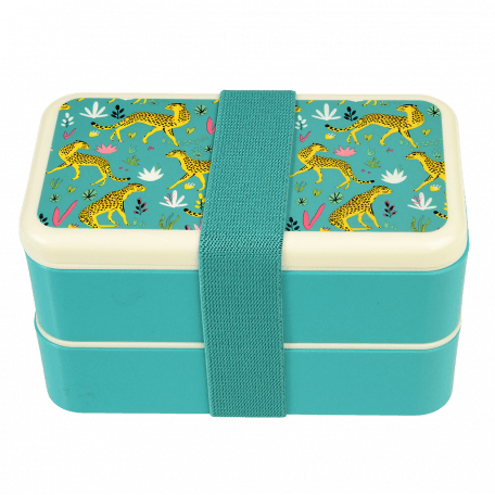 Turquoise adult bento box with cream lid and middle tray plus turquoise elastic strap featuring illustrations of cheetahs