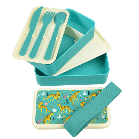 Bento box parts: tray with knife, fork and spoon, upper section with divider, middle tray, base section, lid and elastic strap