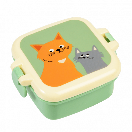 Light green plastic snack pot with cream and light green lid featuring illustrations of cats