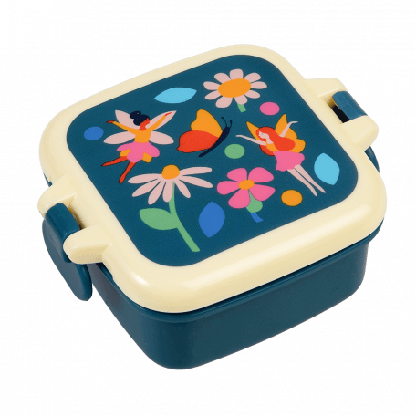 Dark blue snack pot with cream and dark blue lid featuring illustrations of fairies amongst flowers