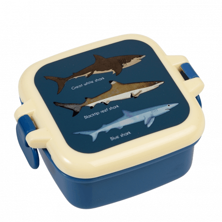 Dark blue snack pot with cream and dark blue lid featuring images of sharks