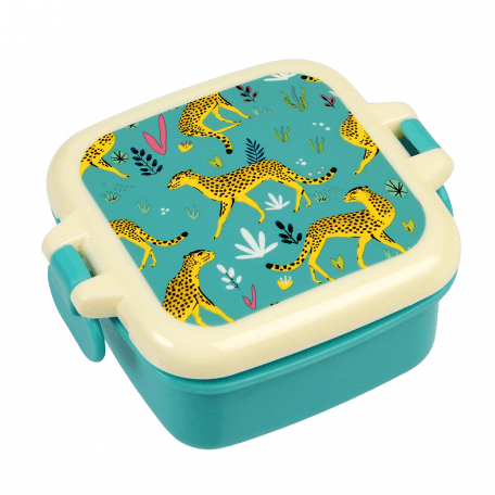 Turquoise plastic snack pot with cream and turquoise lid featuring illustrations of cheetahs