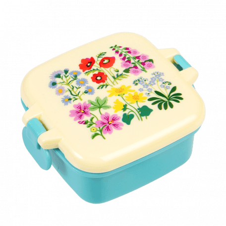 Turquoise snack pot with cream lid featuring wild flower pattern