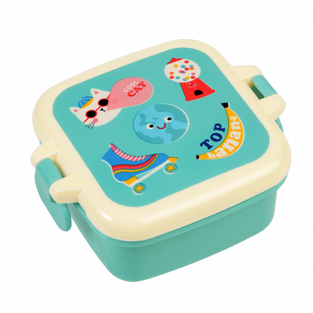 Turquoise snack pot with cream and turquoise lid featuring retro style top banana print