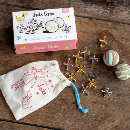 Traditional Jacks Playground Game with five gold and five silver jacks plus two rubber balls unpacked