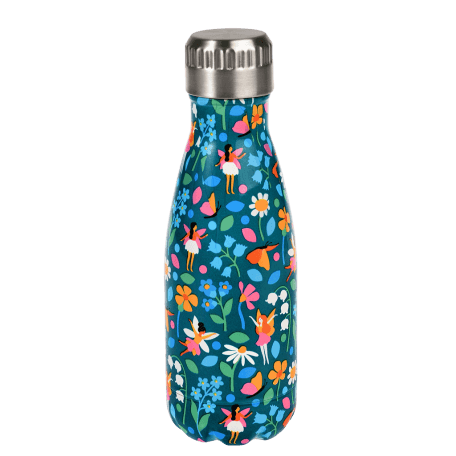 Small dark blue stainless steel water bottle with silver lid featuring fairies amongst flowers