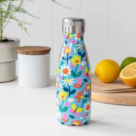 Small light blue stainless steel water bottle with silver lid featuring butterflies amongst flowers