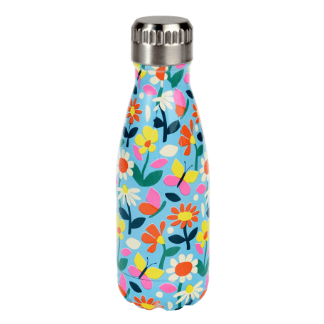 Small light blue stainless steel water bottle with silver lid featuring butterflies amongst flowers