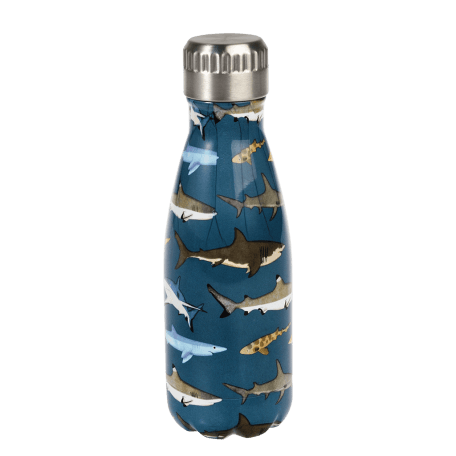 Small dark blue stainless steel water bottle with silver lid featuring pictures of sharks